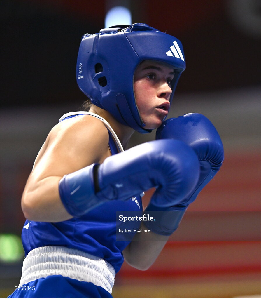 8 March 2024; Daina Moorehouse of Ireland during her Women's 50kg Round of 32 bout against Tayonis Cedeno of Venezuela during day six at the Paris 2024 Olympic Boxing Qualification Tournament at E-Work Arena in Busto Arsizio, Italy. Photo by Ben McShane/Sportsfile