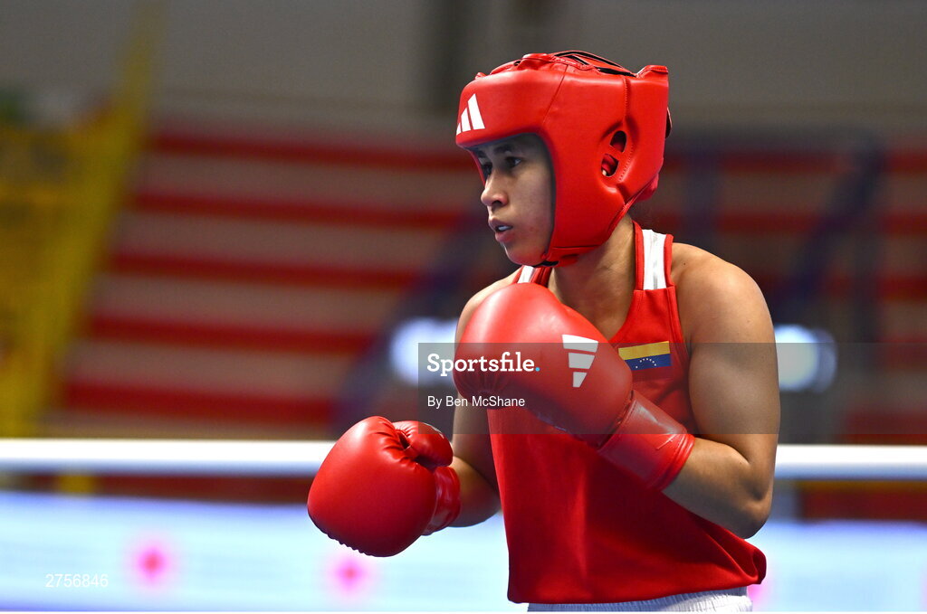 8 March 2024; Tayonis Cedeno of Venezuela during her Women's 50kg Round of 32 bout against Daina Moorehouse of Ireland during day six at the Paris 2024 Olympic Boxing Qualification Tournament at E-Work Arena in Busto Arsizio, Italy. Photo by Ben McShane/Sportsfile