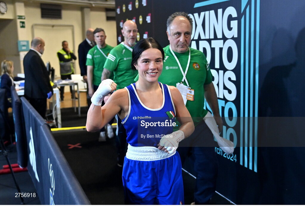 8 March 2024; Daina Moorehouse of Ireland celebrates after their victory in the Women's 50kg Round of 32 bout against Tayonis Cedeno of Venezuela during day six at the Paris 2024 Olympic Boxing Qualification Tournament at E-Work Arena in Busto Arsizio, Italy. Photo by Ben McShane/Sportsfile