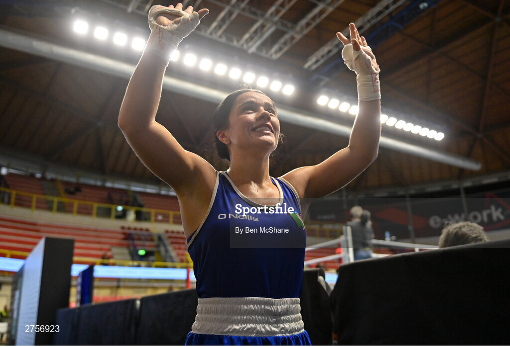 8 March 2024; Daina Moorehouse of Ireland celebrates after their victory in the Women's 50kg Round of 32 bout against Tayonis Cedeno of Venezuela during day six at the Paris 2024 Olympic Boxing Qualification Tournament at E-Work Arena in Busto Arsizio, Italy. Photo by Ben McShane/Sportsfile
