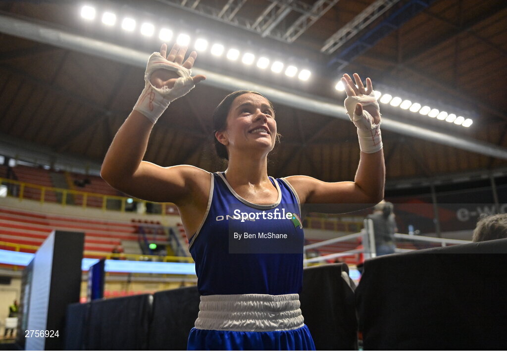 8 March 2024; Daina Moorehouse of Ireland celebrates after their victory in the Women's 50kg Round of 32 bout against Tayonis Cedeno of Venezuela during day six at the Paris 2024 Olympic Boxing Qualification Tournament at E-Work Arena in Busto Arsizio, Italy. Photo by Ben McShane/Sportsfile