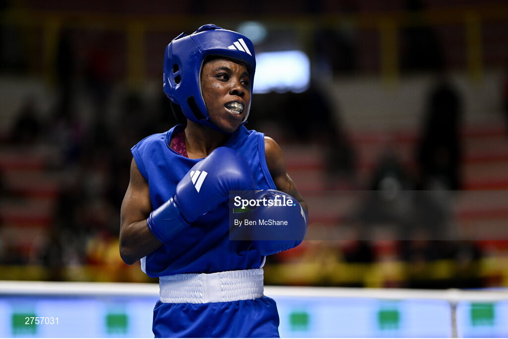 8 March 2024; Janet Acquah of Ghana during their Women's 50kg Round of 32 bout against Yi-Xuan Guo of Chinese Taipei during day six at the Paris 2024 Olympic Boxing Qualification Tournament at E-Work Arena in Busto Arsizio, Italy. Photo by Ben McShane/Sportsfile
