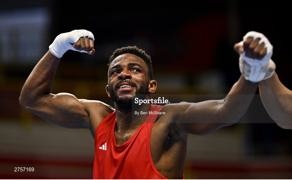 8 March 2024; Pedro Manuel Gomes of Angola celebrates after victory in their Men's 57kg Round of 32 bout against Victor Tremblay of Canada during day six at the Paris 2024 Olympic Boxing Qualification Tournament at E-Work Arena in Busto Arsizio, Italy. Photo by Ben McShane/Sportsfile