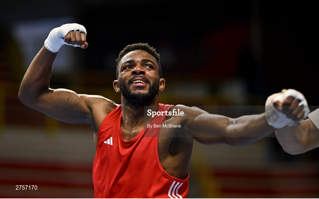 8 March 2024; Pedro Manuel Gomes of Angola celebrates after victory in their Men's 57kg Round of 32 bout against Victor Tremblay of Canada during day six at the Paris 2024 Olympic Boxing Qualification Tournament at E-Work Arena in Busto Arsizio, Italy. Photo by Ben McShane/Sportsfile