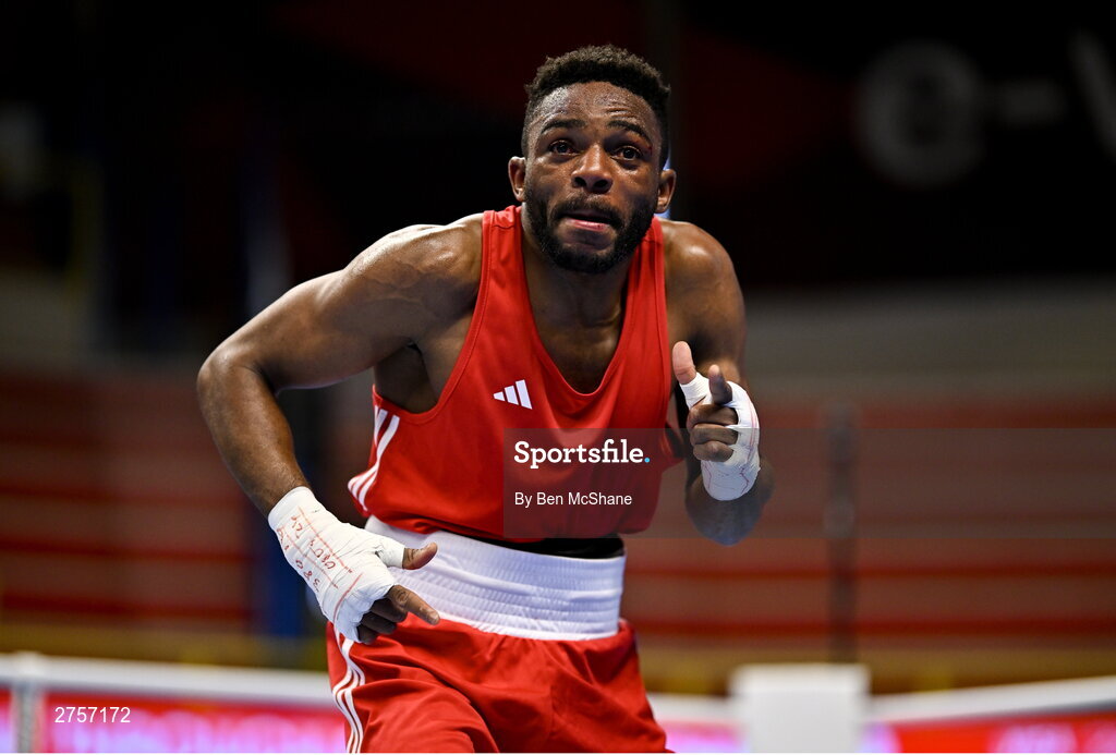 8 March 2024; Pedro Manuel Gomes of Angola celebrates after victory in their Men's 57kg Round of 32 bout against Victor Tremblay of Canada during day six at the Paris 2024 Olympic Boxing Qualification Tournament at E-Work Arena in Busto Arsizio, Italy. Photo by Ben McShane/Sportsfile