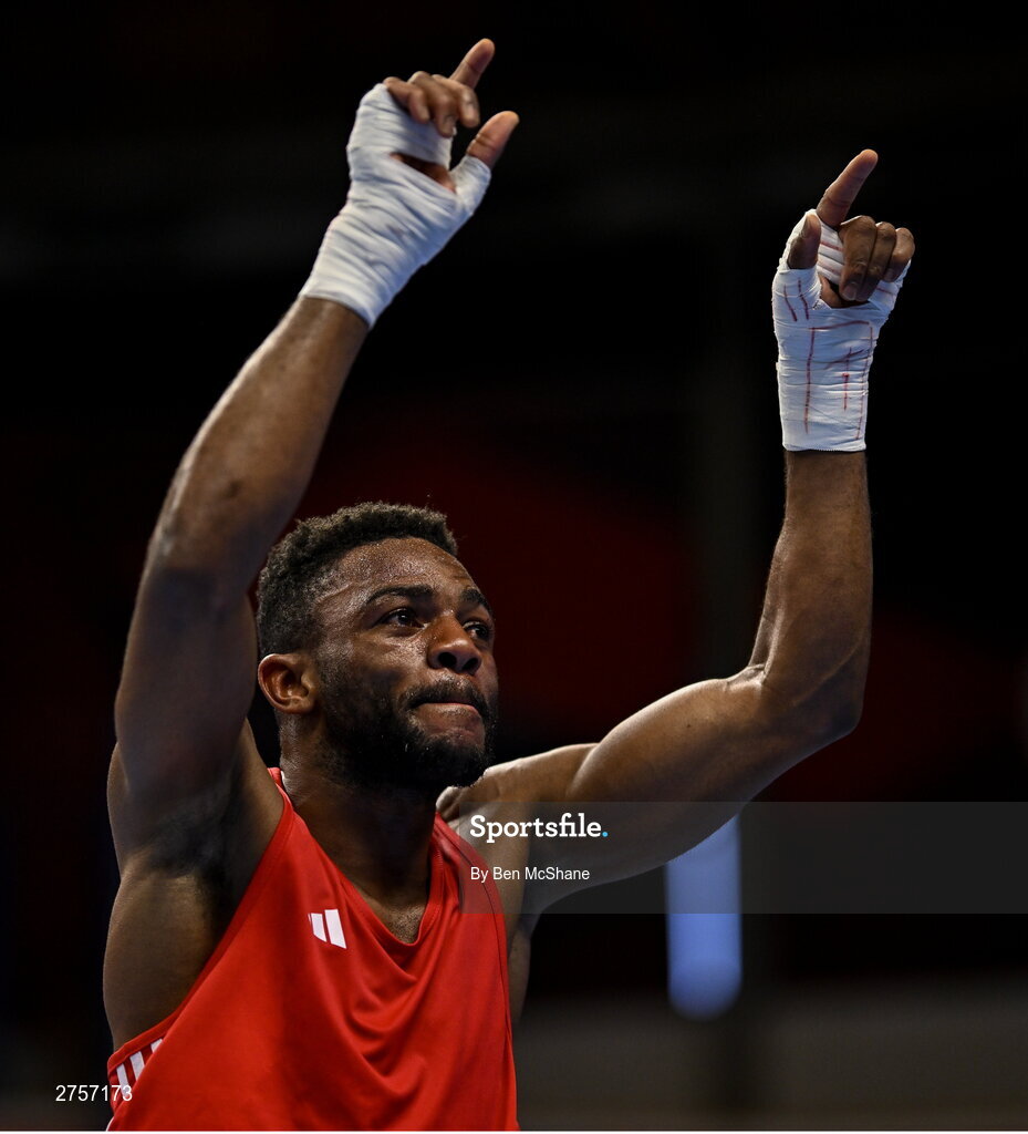 8 March 2024; Pedro Manuel Gomes of Angola celebrates after victory in their Men's 57kg Round of 32 bout against Victor Tremblay of Canada during day six at the Paris 2024 Olympic Boxing Qualification Tournament at E-Work Arena in Busto Arsizio, Italy. Photo by Ben McShane/Sportsfile