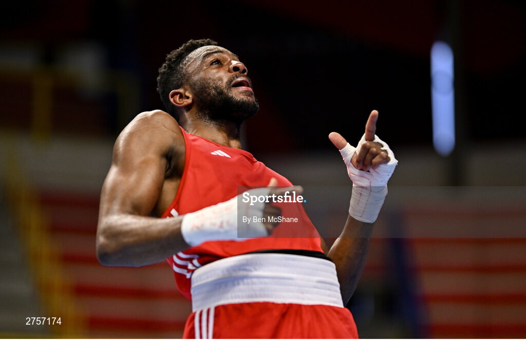 8 March 2024; Pedro Manuel Gomes of Angola celebrates after victory in their Men's 57kg Round of 32 bout against Victor Tremblay of Canada during day six at the Paris 2024 Olympic Boxing Qualification Tournament at E-Work Arena in Busto Arsizio, Italy. Photo by Ben McShane/Sportsfile