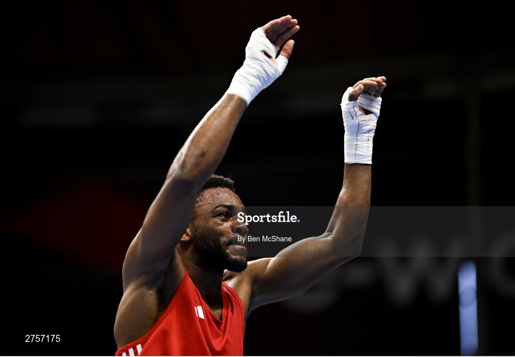 8 March 2024; Pedro Manuel Gomes of Angola celebrates after victory in their Men's 57kg Round of 32 bout against Victor Tremblay of Canada during day six at the Paris 2024 Olympic Boxing Qualification Tournament at E-Work Arena in Busto Arsizio, Italy. Photo by Ben McShane/Sportsfile