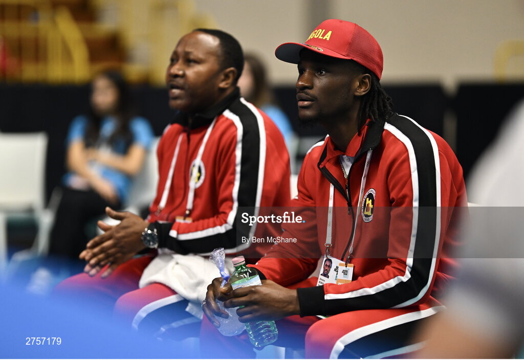 8 March 2024; Angola coaches Dirsino Boika, right, and Paulo Carvalho José Muhongo during day six at the Paris 2024 Olympic Boxing Qualification Tournament at E-Work Arena in Busto Arsizio, Italy. Photo by Ben McShane/Sportsfile