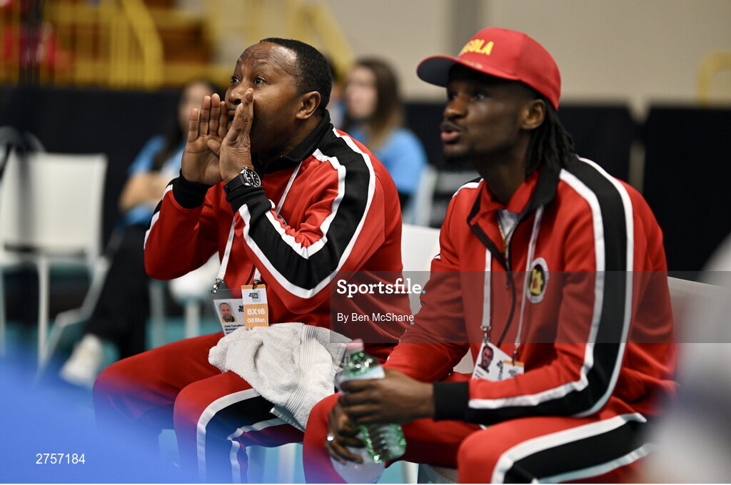 8 March 2024; Angola coaches Dirsino Boika, right, and Paulo Carvalho José Muhongo during day six at the Paris 2024 Olympic Boxing Qualification Tournament at E-Work Arena in Busto Arsizio, Italy. Photo by Ben McShane/Sportsfile