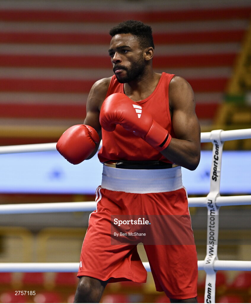 8 March 2024; Pedro Manuel Gomes of Angola during their Men's 57kg Round of 32 bout against Victor Tremblay of Canada during day six at the Paris 2024 Olympic Boxing Qualification Tournament at E-Work Arena in Busto Arsizio, Italy. Photo by Ben McShane/Sportsfile