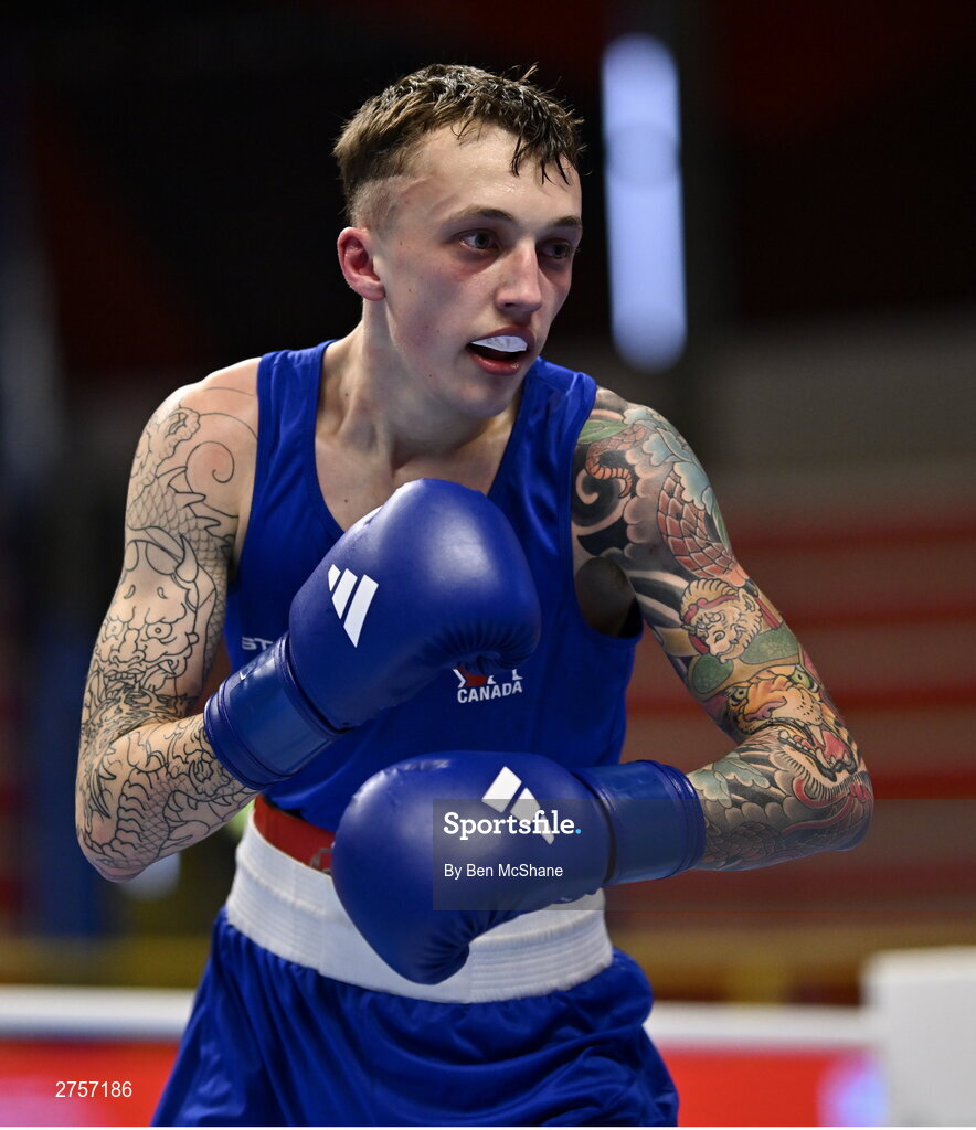 8 March 2024; Victor Tremblay of Canada during their Men's 57kg Round of 32 bout against Pedro Manuel Gomes of Angola during day six at the Paris 2024 Olympic Boxing Qualification Tournament at E-Work Arena in Busto Arsizio, Italy. Photo by Ben McShane/Sportsfile