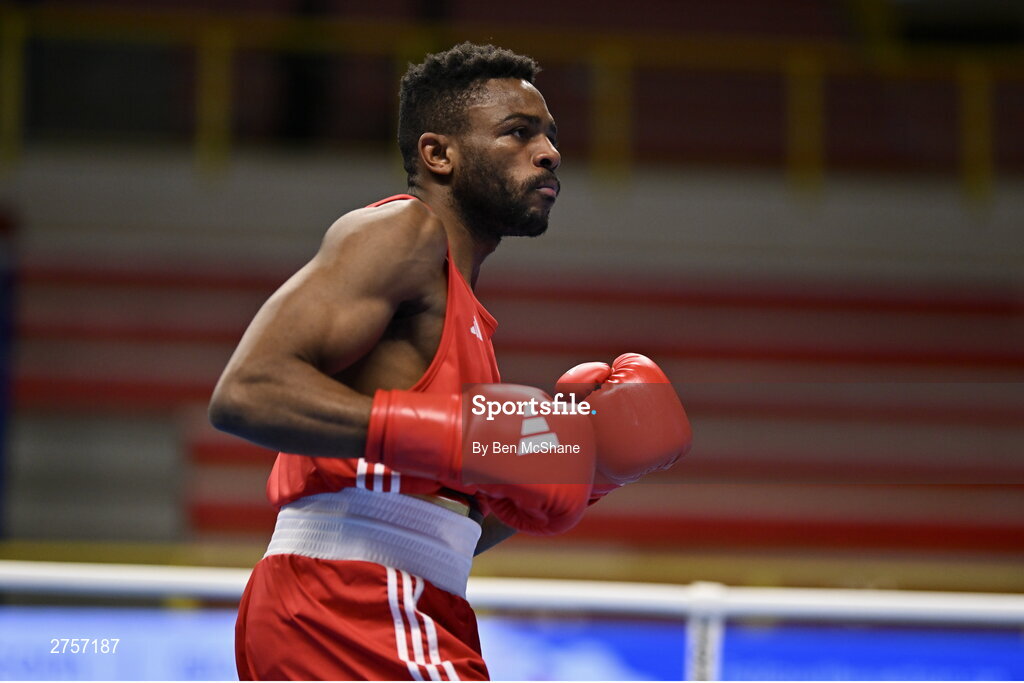 8 March 2024; Pedro Manuel Gomes of Angola during their Men's 57kg Round of 32 bout against Victor Tremblay of Canada during day six at the Paris 2024 Olympic Boxing Qualification Tournament at E-Work Arena in Busto Arsizio, Italy. Photo by Ben McShane/Sportsfile