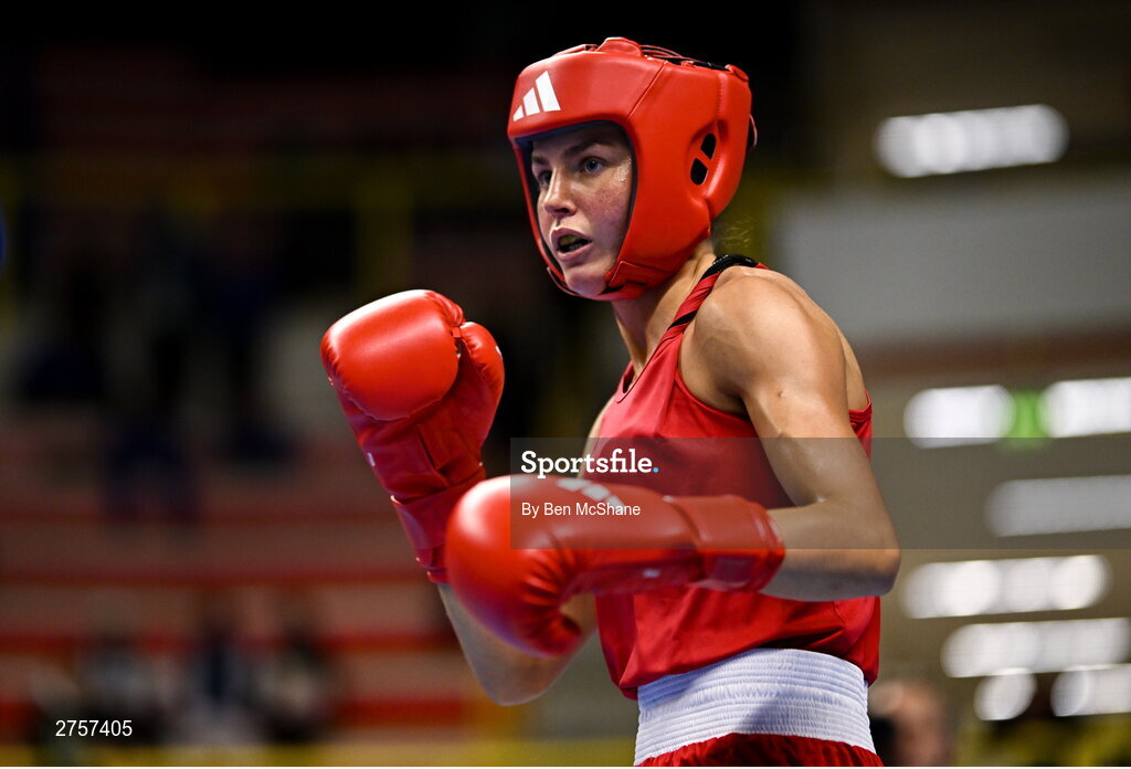 8 March 2024; Elise Glynn of Great Britain during their Women's 57kg Round of 32 bout against Zichun Xu of China during day six at the Paris 2024 Olympic Boxing Qualification Tournament at E-Work Arena in Busto Arsizio, Italy. Photo by Ben McShane/Sportsfile