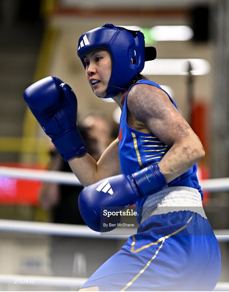 8 March 2024; Zichun Xu of China during their Women's 57kg Round of 32 bout against Elise Glynn of Great Britain during day six at the Paris 2024 Olympic Boxing Qualification Tournament at E-Work Arena in Busto Arsizio, Italy. Photo by Ben McShane/Sportsfile