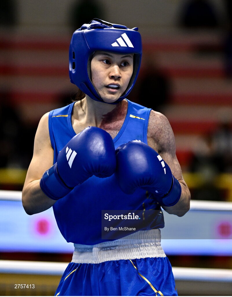 8 March 2024; Zichun Xu of China during their Women's 57kg Round of 32 bout against Elise Glynn of Great Britain during day six at the Paris 2024 Olympic Boxing Qualification Tournament at E-Work Arena in Busto Arsizio, Italy. Photo by Ben McShane/Sportsfile