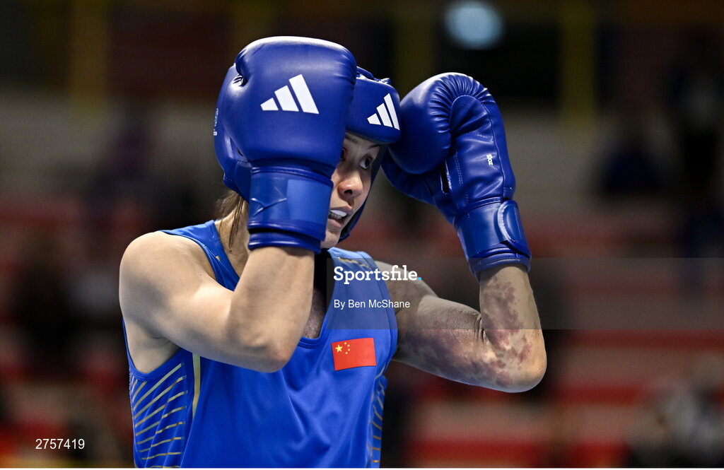 8 March 2024; Zichun Xu of China during their Women's 57kg Round of 32 bout against Elise Glynn of Great Britain during day six at the Paris 2024 Olympic Boxing Qualification Tournament at E-Work Arena in Busto Arsizio, Italy. Photo by Ben McShane/Sportsfile
