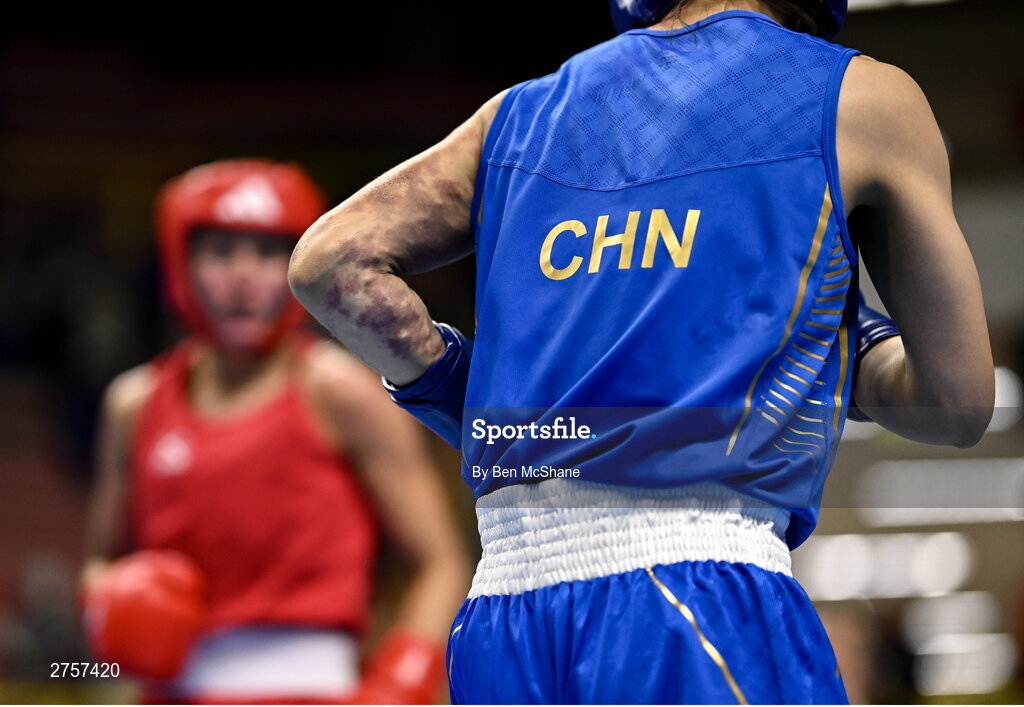 8 March 2024; Zichun Xu of China during their Women's 57kg Round of 32 bout against Elise Glynn of Great Britain during day six at the Paris 2024 Olympic Boxing Qualification Tournament at E-Work Arena in Busto Arsizio, Italy. Photo by Ben McShane/Sportsfile