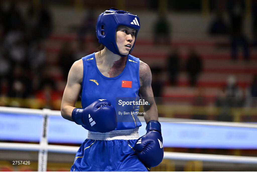 8 March 2024; Zichun Xu of China during their Women's 57kg Round of 32 bout against Elise Glynn of Great Britain during day six at the Paris 2024 Olympic Boxing Qualification Tournament at E-Work Arena in Busto Arsizio, Italy. Photo by Ben McShane/Sportsfile