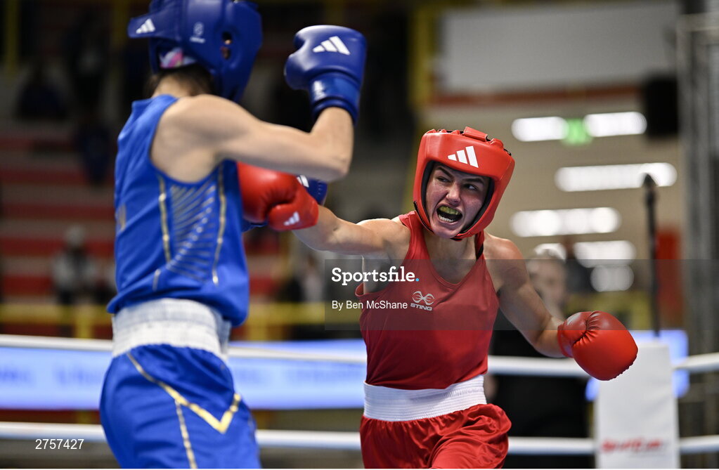 8 March 2024; Elise Glynn of Great Britain, right, in action against Zichun Xu of China during their Women's 57kg Round of 32 bout during day six at the Paris 2024 Olympic Boxing Qualification Tournament at E-Work Arena in Busto Arsizio, Italy. Photo by Ben McShane/Sportsfile
