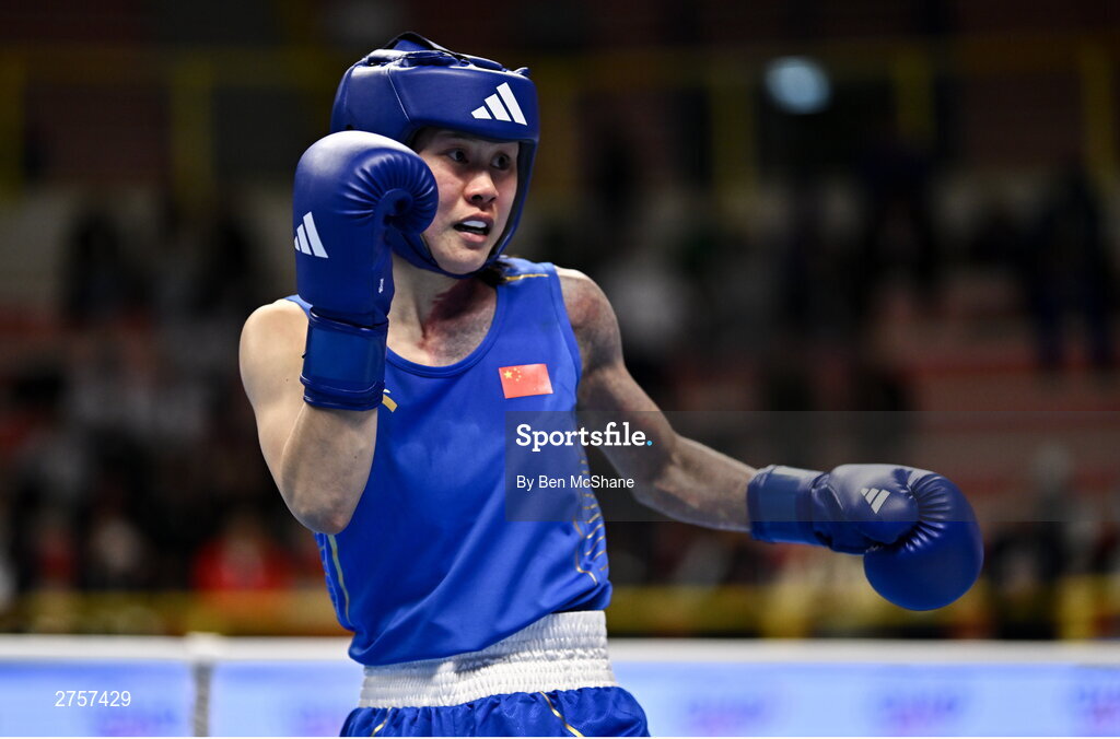 8 March 2024; Zichun Xu of China during their Women's 57kg Round of 32 bout against Elise Glynn of Great Britain during day six at the Paris 2024 Olympic Boxing Qualification Tournament at E-Work Arena in Busto Arsizio, Italy. Photo by Ben McShane/Sportsfile