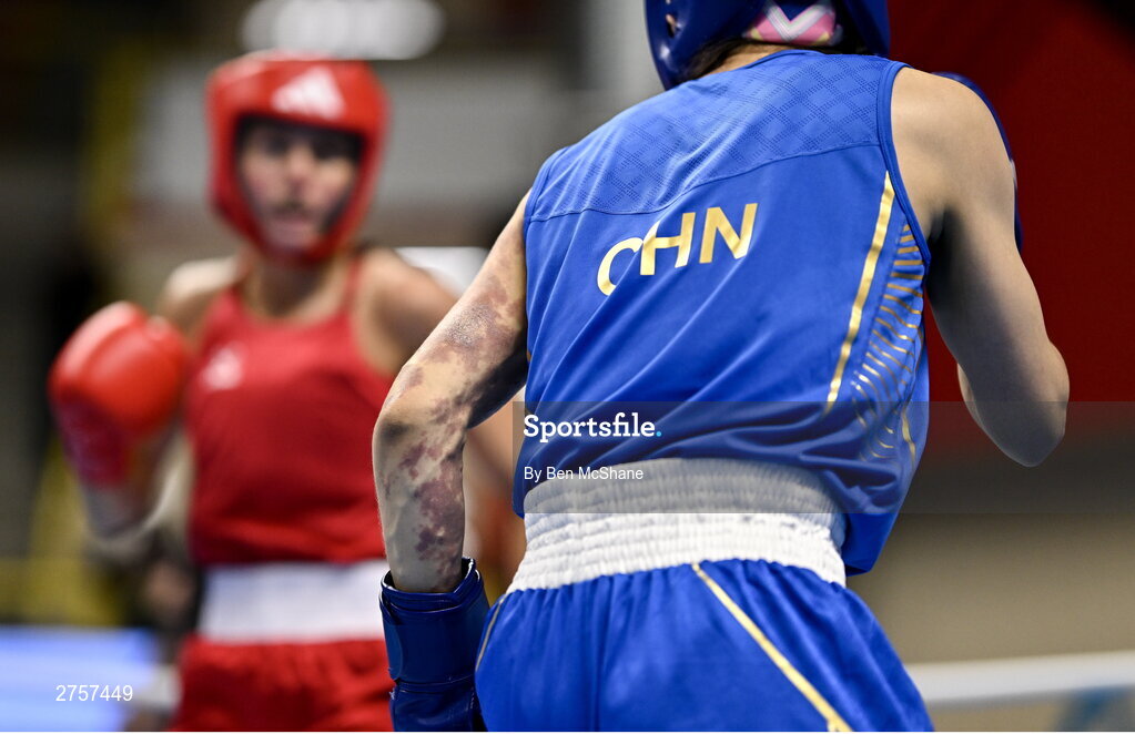 8 March 2024; Zichun Xu of China during their Women's 57kg Round of 32 bout against Elise Glynn of Great Britain during day six at the Paris 2024 Olympic Boxing Qualification Tournament at E-Work Arena in Busto Arsizio, Italy. Photo by Ben McShane/Sportsfile
