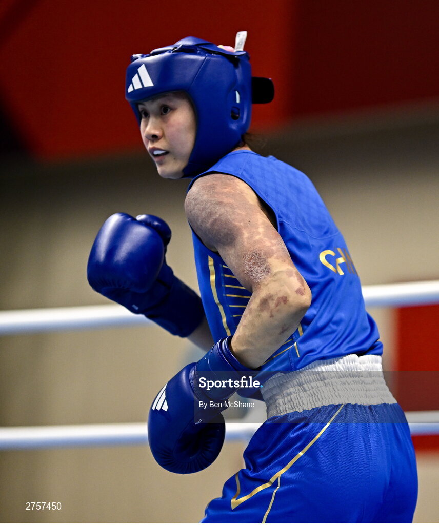 8 March 2024; Zichun Xu of China during their Women's 57kg Round of 32 bout against Elise Glynn of Great Britain during day six at the Paris 2024 Olympic Boxing Qualification Tournament at E-Work Arena in Busto Arsizio, Italy. Photo by Ben McShane/Sportsfile