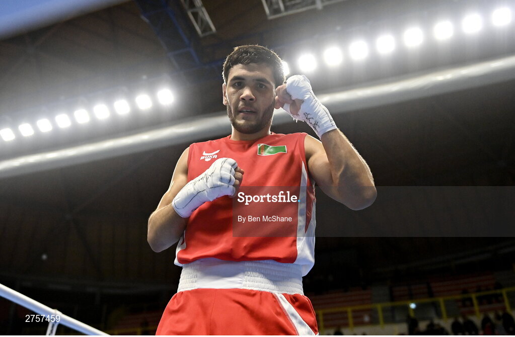 8 March 2024; Shakur Ovezov of Turkmenistan celebrates after winning their Men's 57kg Round of 32 bout against Daniyal Shahbakhsh of Iran during day six at the Paris 2024 Olympic Boxing Qualification Tournament at E-Work Arena in Busto Arsizio, Italy. Photo by Ben McShane/Sportsfile