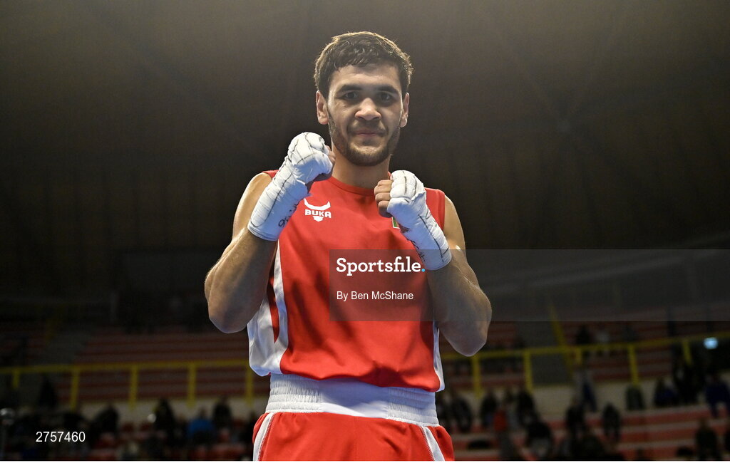 8 March 2024; Shakur Ovezov of Turkmenistan celebrates after winning their Men's 57kg Round of 32 bout against Daniyal Shahbakhsh of Iran during day six at the Paris 2024 Olympic Boxing Qualification Tournament at E-Work Arena in Busto Arsizio, Italy. Photo by Ben McShane/Sportsfile