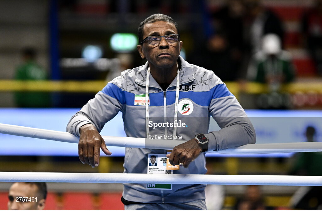8 March 2024; Iran coach Juan Bautista Fontanills Quaseda during day six at the Paris 2024 Olympic Boxing Qualification Tournament at E-Work Arena in Busto Arsizio, Italy. Photo by Ben McShane/Sportsfile