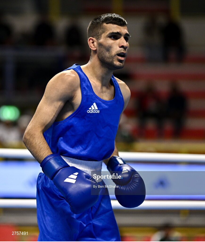 8 March 2024; Daniyal Shahbakhsh of Iran during their Men's 57kg Round of 32 bout against Shakur Ovezov of Turkmenistan during day six at the Paris 2024 Olympic Boxing Qualification Tournament at E-Work Arena in Busto Arsizio, Italy. Photo by Ben McShane/Sportsfile