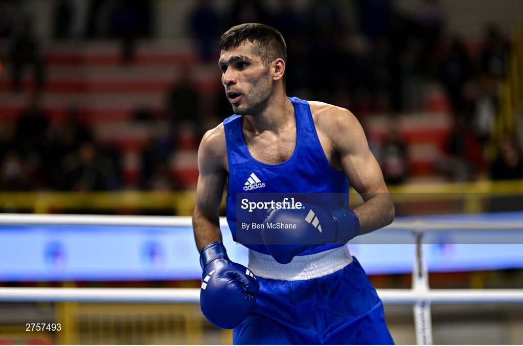 8 March 2024; Daniyal Shahbakhsh of Iran during their Men's 57kg Round of 32 bout against Shakur Ovezov of Turkmenistan during day six at the Paris 2024 Olympic Boxing Qualification Tournament at E-Work Arena in Busto Arsizio, Italy. Photo by Ben McShane/Sportsfile