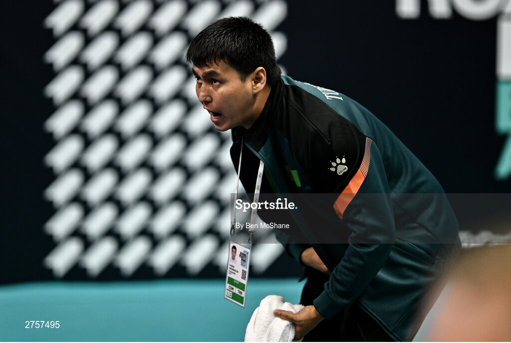8 March 2024; Turkmenistan coach Tenilbek Dzhumakulov during day six at the Paris 2024 Olympic Boxing Qualification Tournament at E-Work Arena in Busto Arsizio, Italy. Photo by Ben McShane/Sportsfile