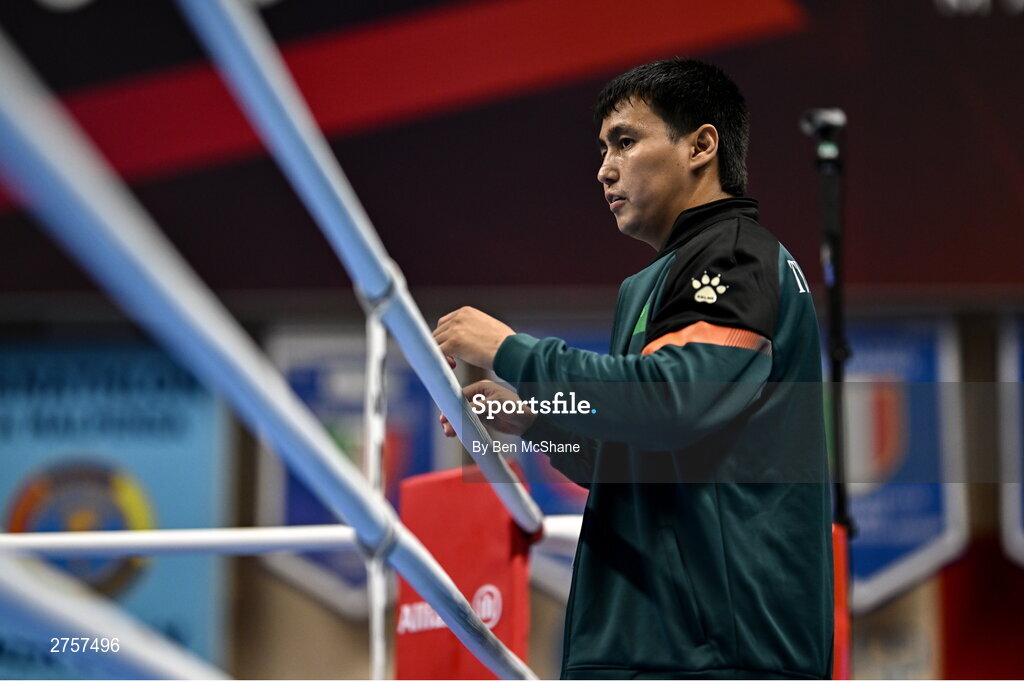 8 March 2024; Turkmenistan coach Tenilbek Dzhumakulov during day six at the Paris 2024 Olympic Boxing Qualification Tournament at E-Work Arena in Busto Arsizio, Italy. Photo by Ben McShane/Sportsfile