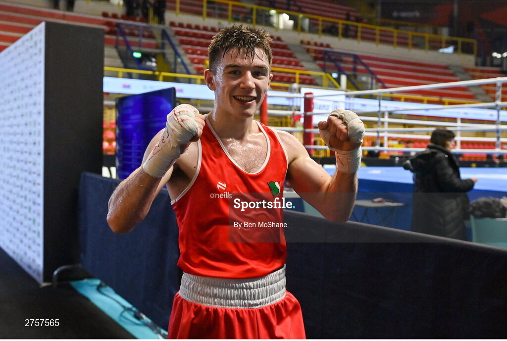 8 March 2024; Jude Gallagher of Ireland celebrates after his victory in the Men's 57kg Round of 32 bout against Uddin Mohammed Hussam of India during day six at the Paris 2024 Olympic Boxing Qualification Tournament at E-Work Arena in Busto Arsizio, Italy. Photo by Ben McShane/Sportsfile