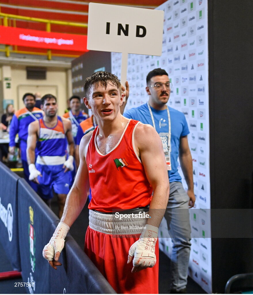 8 March 2024; Jude Gallagher of Ireland after his victory in their Men's 57kg Round of 32 bout against Uddin Mohammed Hussam of India during day six at the Paris 2024 Olympic Boxing Qualification Tournament at E-Work Arena in Busto Arsizio, Italy. Photo by Ben McShane/Sportsfile