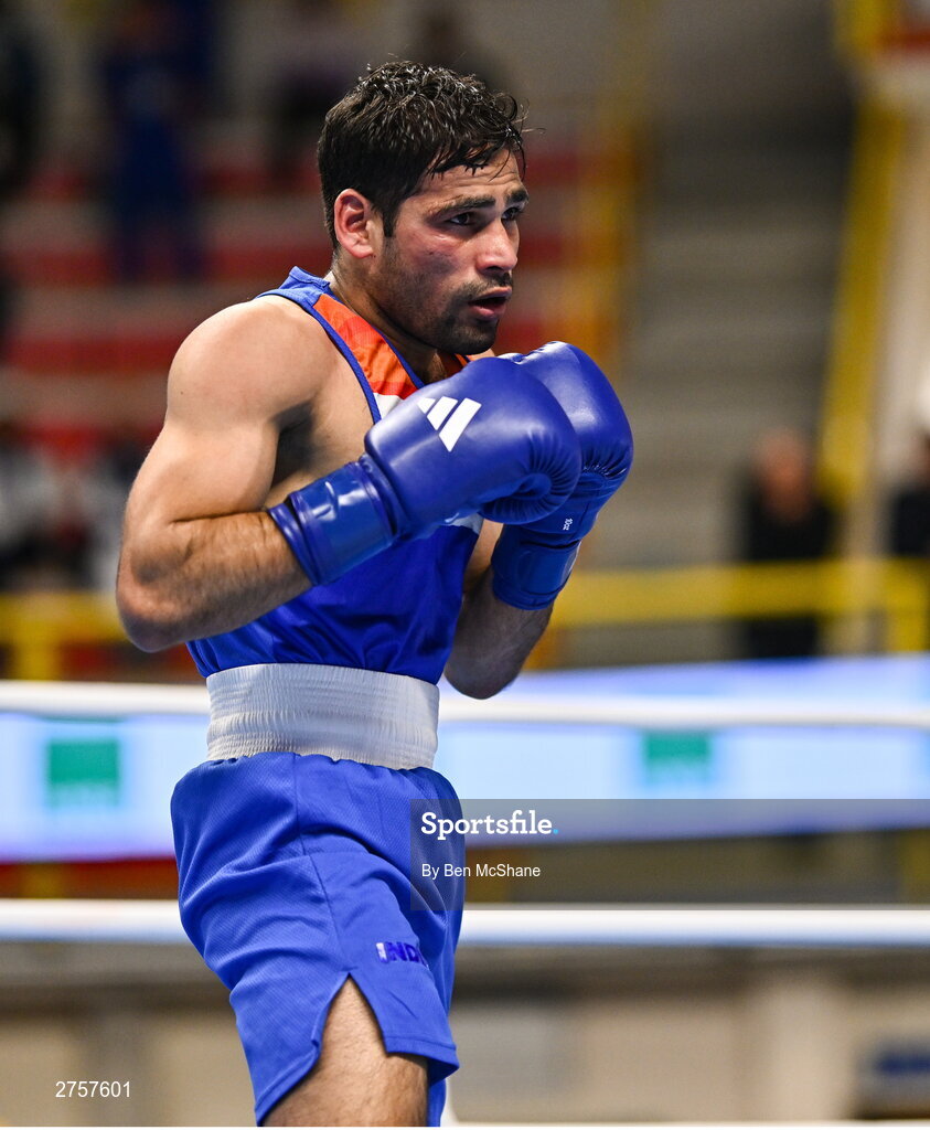 8 March 2024; Uddin Mohammed Hussam of India during their Men's 57kg Round of 32 bout against Jude Gallagher of Ireland during day six at the Paris 2024 Olympic Boxing Qualification Tournament at E-Work Arena in Busto Arsizio, Italy. Photo by Ben McShane/Sportsfile