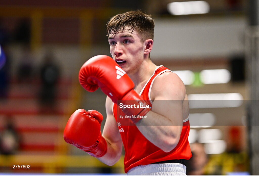 8 March 2024; Jude Gallagher of Ireland during their Men's 57kg Round of 32 bout against Uddin Mohammed Hussam of India during day six at the Paris 2024 Olympic Boxing Qualification Tournament at E-Work Arena in Busto Arsizio, Italy. Photo by Ben McShane/Sportsfile