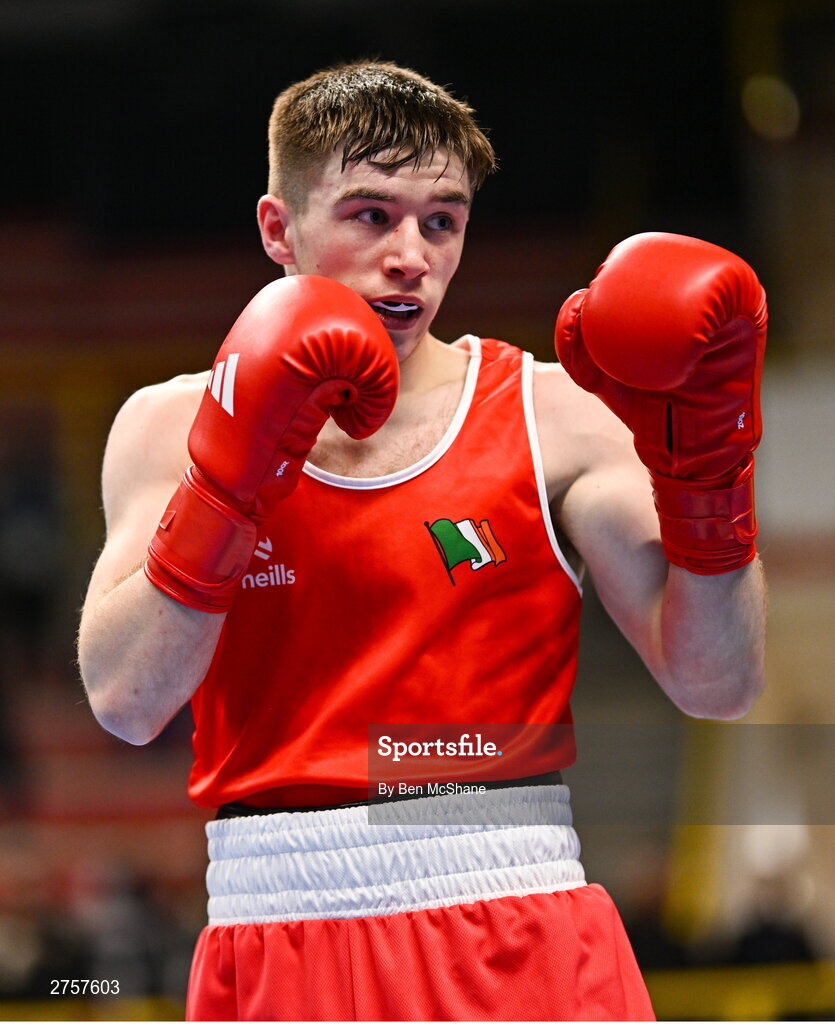 8 March 2024; Jude Gallagher of Ireland during their Men's 57kg Round of 32 bout against Uddin Mohammed Hussam of India during day six at the Paris 2024 Olympic Boxing Qualification Tournament at E-Work Arena in Busto Arsizio, Italy. Photo by Ben McShane/Sportsfile