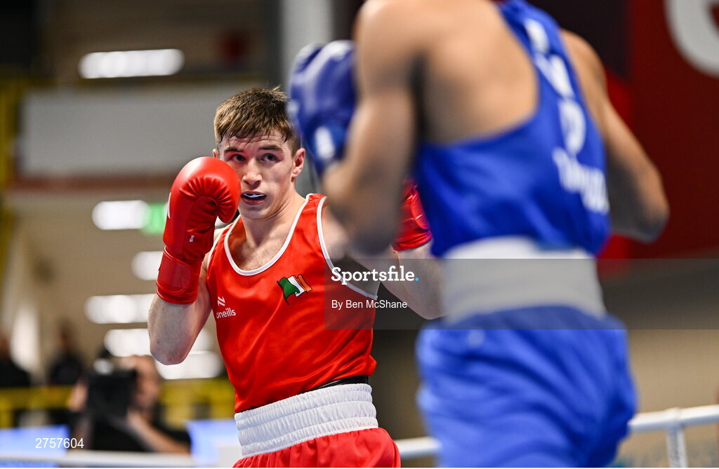 8 March 2024; Jude Gallagher of Ireland during their Men's 57kg Round of 32 bout against Uddin Mohammed Hussam of India during day six at the Paris 2024 Olympic Boxing Qualification Tournament at E-Work Arena in Busto Arsizio, Italy. Photo by Ben McShane/Sportsfile
