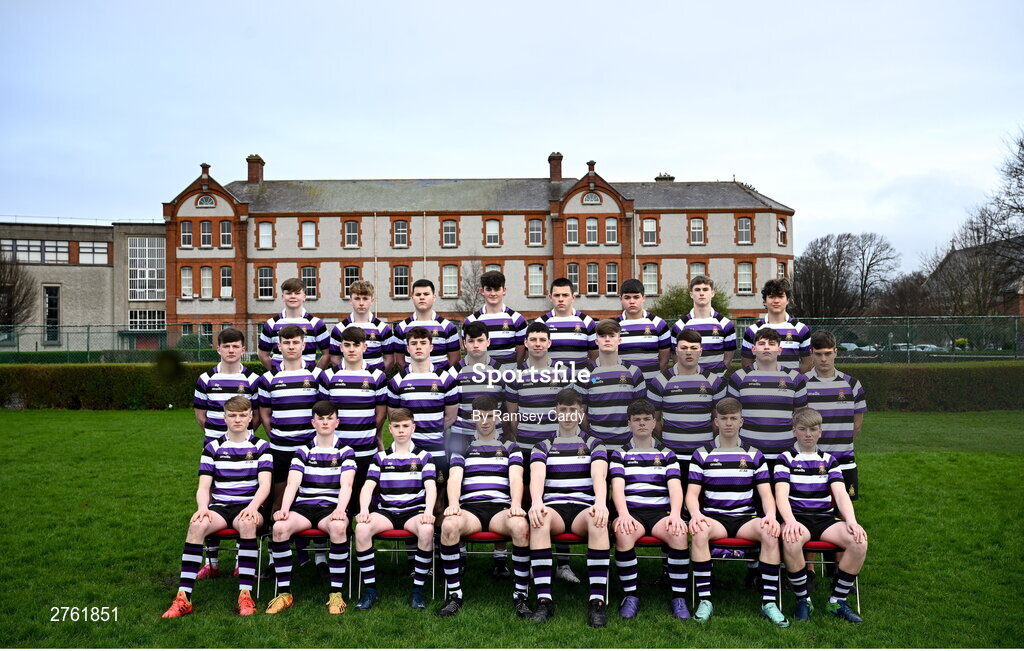 15 March 2024; The Terenure College squad during a team photograph ahead of their Bank of Ireland Leinster Schools Junior Cup Final. Photo by Ramsey Cardy/Sportsfile