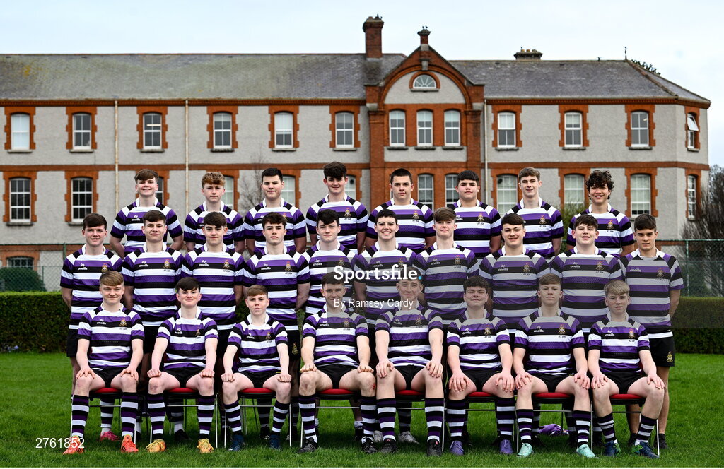 15 March 2024; The Terenure College squad during a team photograph ahead of their Bank of Ireland Leinster Schools Junior Cup Final. Photo by Ramsey Cardy/Sportsfile