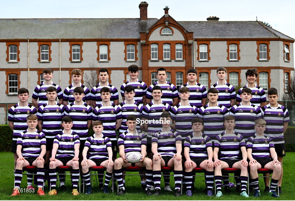 15 March 2024; The Terenure College squad during a team photograph ahead of their Bank of Ireland Leinster Schools Junior Cup Final. Photo by Ramsey Cardy/Sportsfile