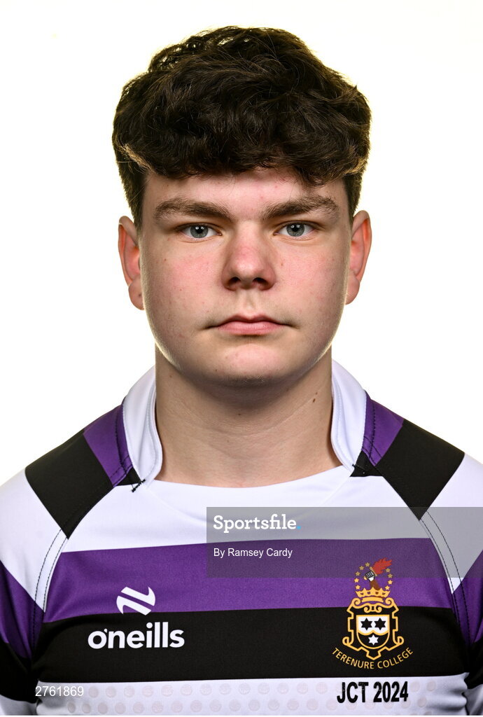15 March 2024; Andrew Searson during a Terenure College squad portrait session ahead of their Bank of Ireland Leinster Schools Junior Cup Final. Photo by Ramsey Cardy/Sportsfile