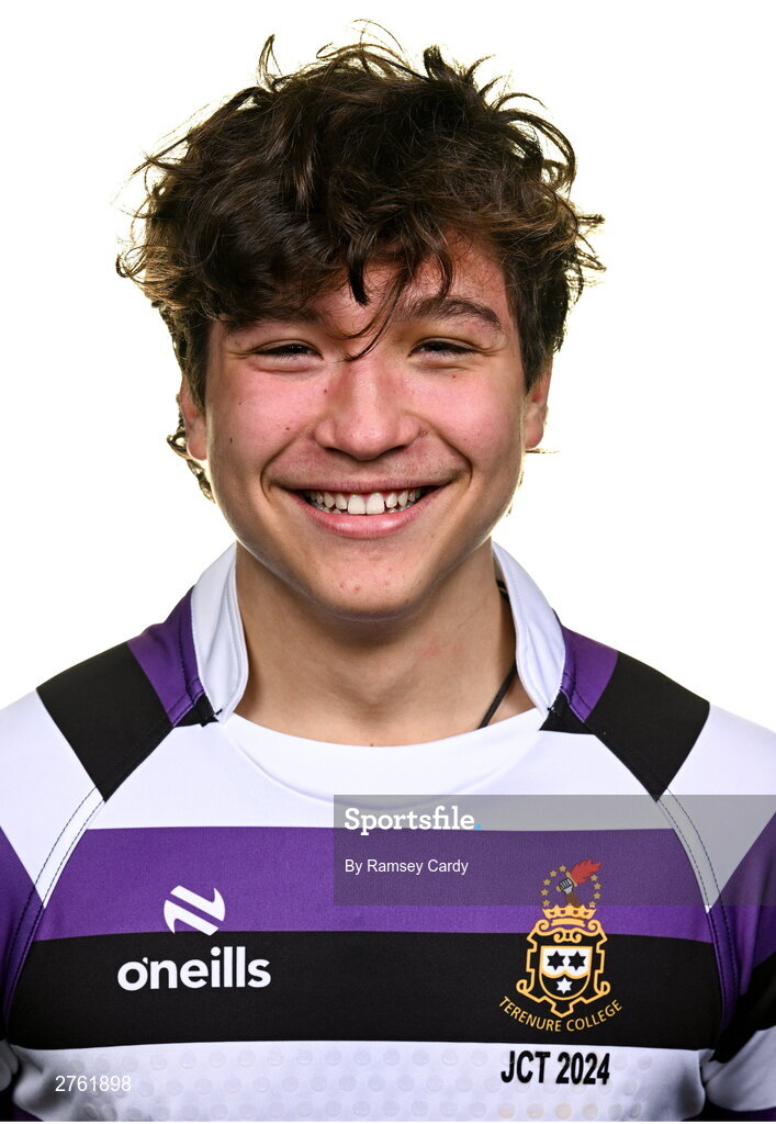 15 March 2024; Arran Boehm during a Terenure College squad portrait session ahead of their Bank of Ireland Leinster Schools Junior Cup Final. Photo by Ramsey Cardy/Sportsfile