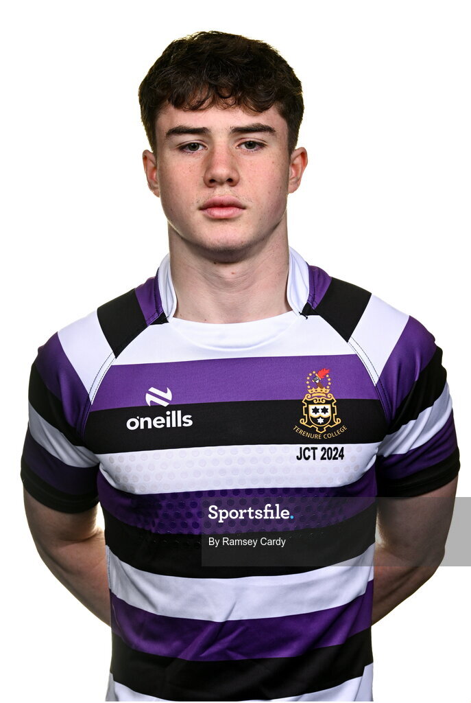 15 March 2024; Senan Gavin during a Terenure College squad portrait session ahead of their Bank of Ireland Leinster Schools Junior Cup Final. Photo by Ramsey Cardy/Sportsfile