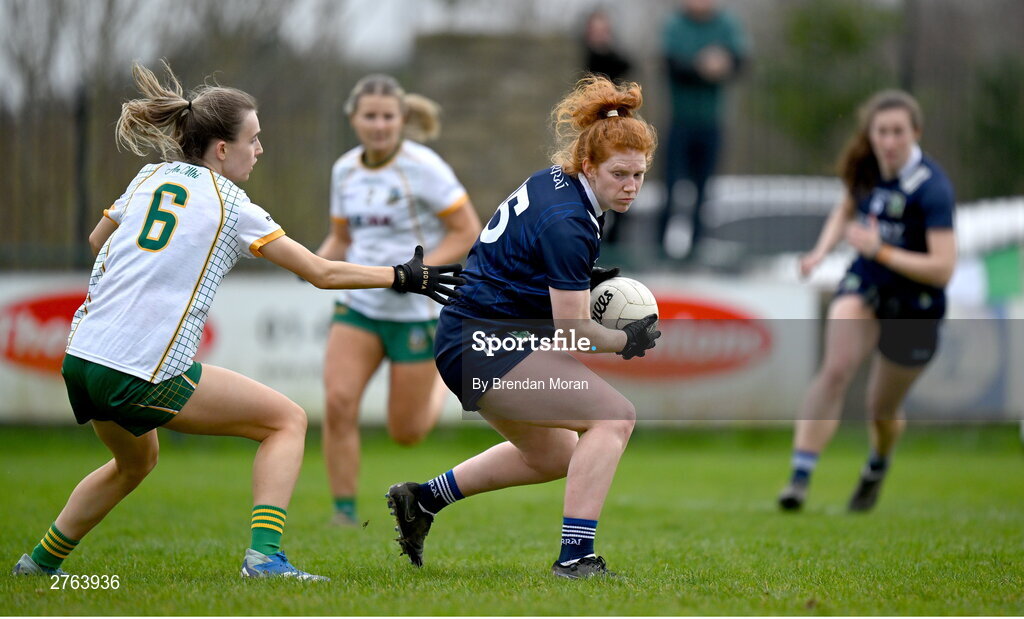 17 March 2024; Louise Ní Mhuircheartaigh of Kerry in action against Mary Kate Lynch of Meath during the Lidl LGFA National League Division 1 Round 6 match between Meath and Kerry at Donaghmore Ashbourne GAA Club in Ashbourne, Meath. Photo by Brendan Moran/Sportsfile
