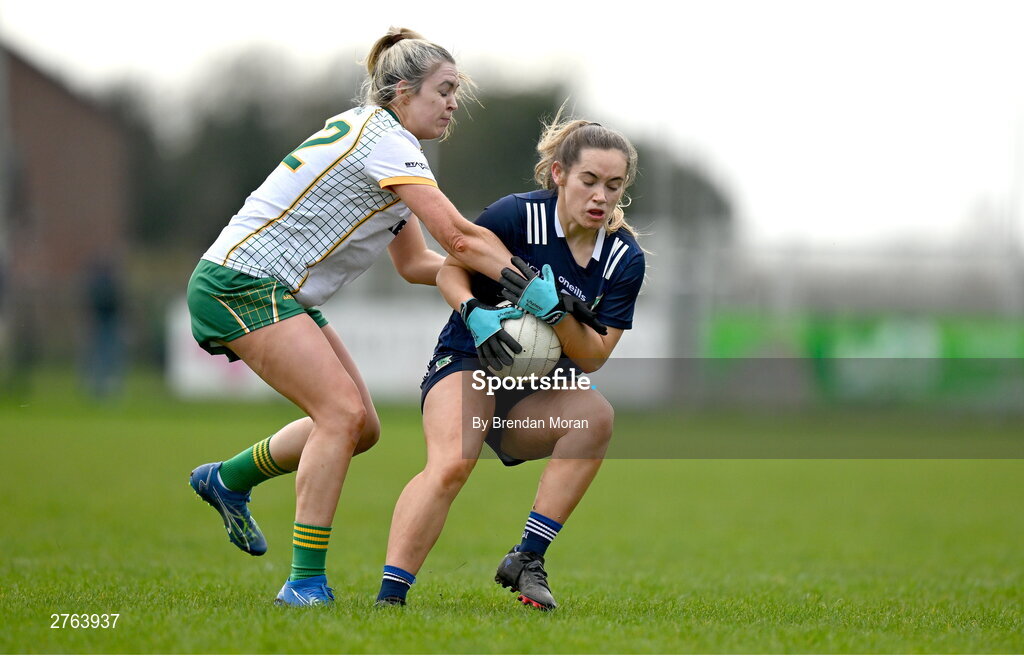 17 March 2024; Ciara McCarthy of Kerry is tackled by Lisa Young of Meath of Meath during the Lidl LGFA National League Division 1 Round 6 match between Meath and Kerry at Donaghmore Ashbourne GAA Club in Ashbourne, Meath. Photo by Brendan Moran/Sportsfile