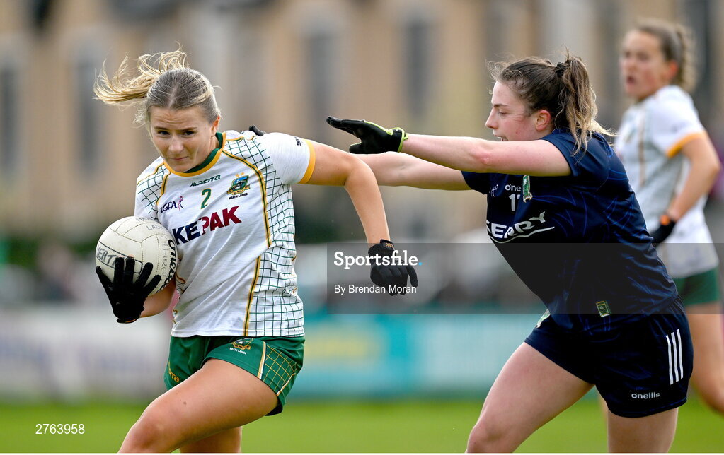 17 March 2024; Katie Newe of Meath in action against Hannah O’Donoghue of Kerry during the Lidl LGFA National League Division 1 Round 6 match between Meath and Kerry at Donaghmore Ashbourne GAA Club in Ashbourne, Meath. Photo by Brendan Moran/Sportsfile
