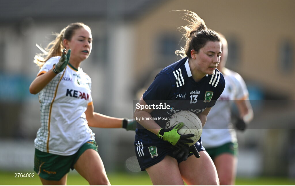 17 March 2024; Hannah O’Donoghue of Kerry in action against Nicole Troy of Meath during the Lidl LGFA National League Division 1 Round 6 match between Meath and Kerry at Donaghmore Ashbourne GAA Club in Ashbourne, Meath. Photo by Brendan Moran/Sportsfile